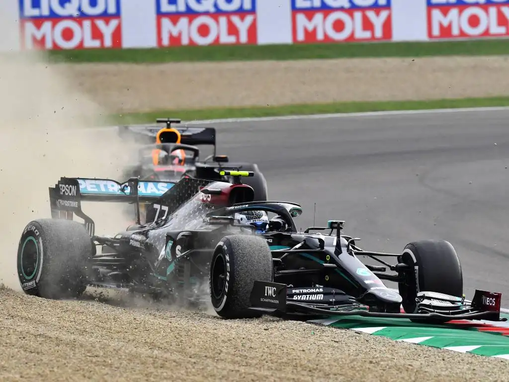 Valtteri Bottas runs wide in his Mercedes during the Emilia Romagna Grand Prix