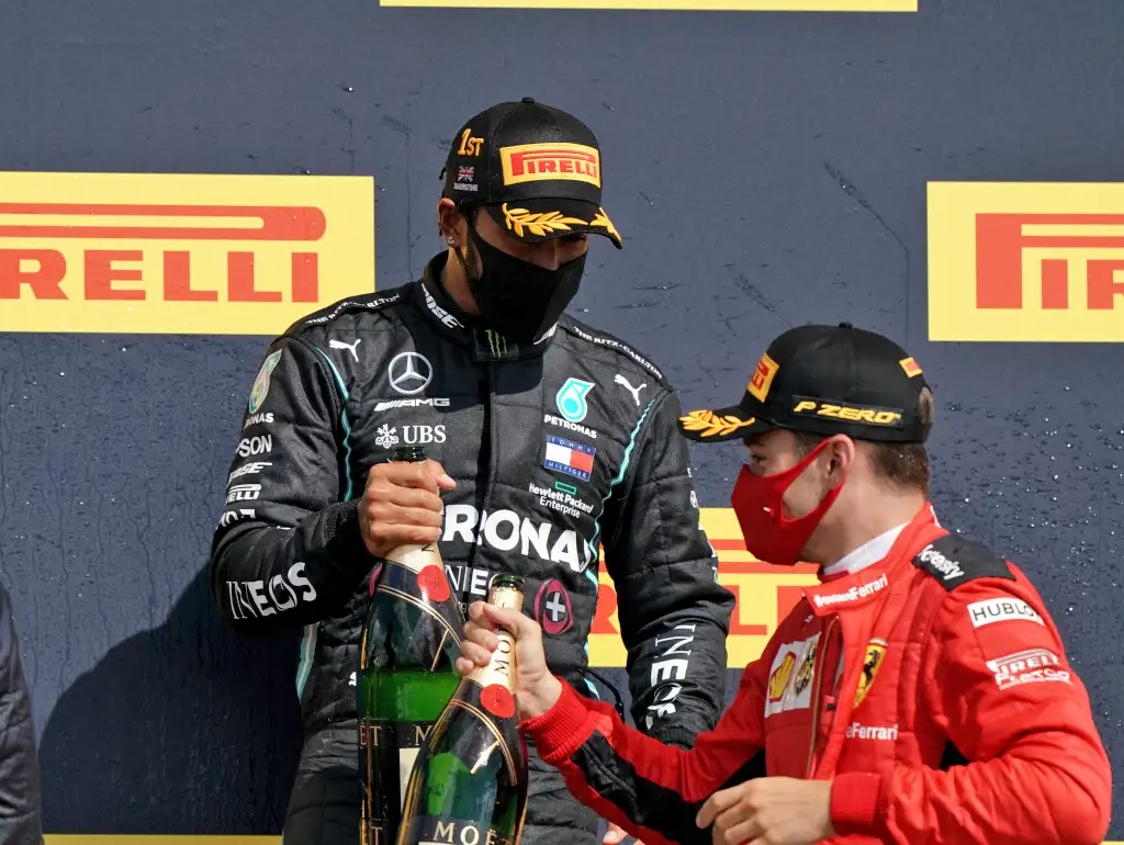 Charles Leclerc and Lewis Hamilton podium