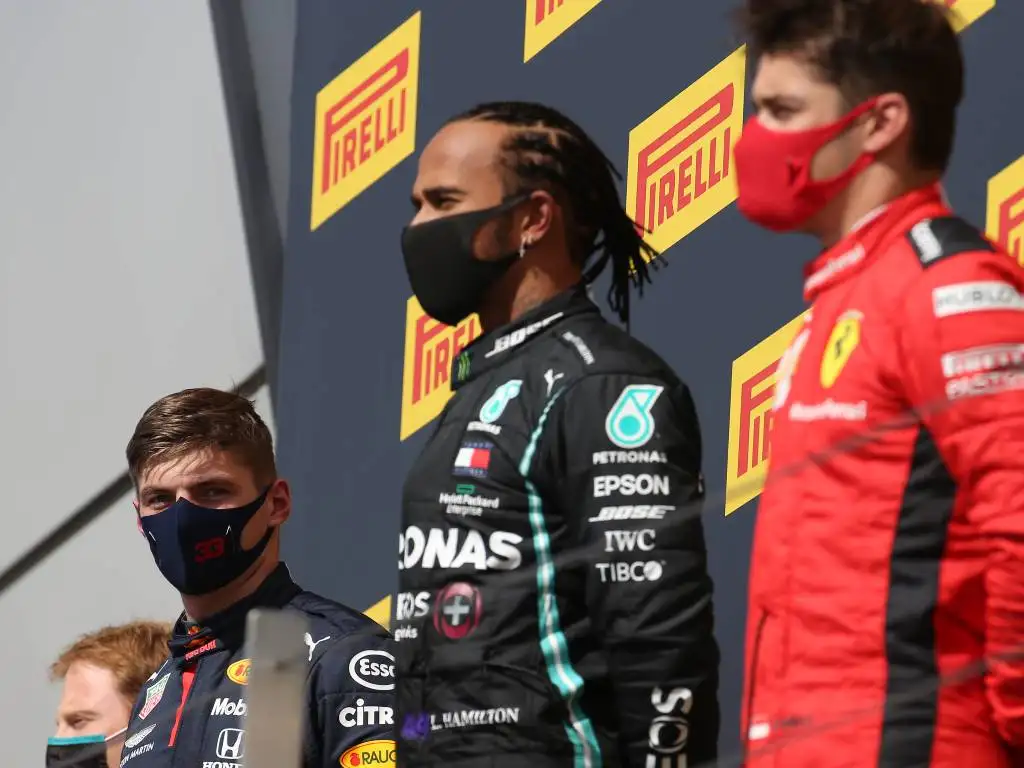 Max Verstappen, Lewis Hamilton, Charles Leclerc, British Grand Prix podium