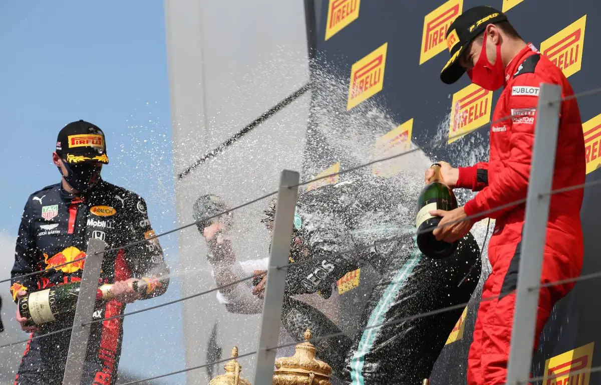 2020 British Grand Prix podium - Max Verstappen, Lewis Hamilton, Charles Leclerc