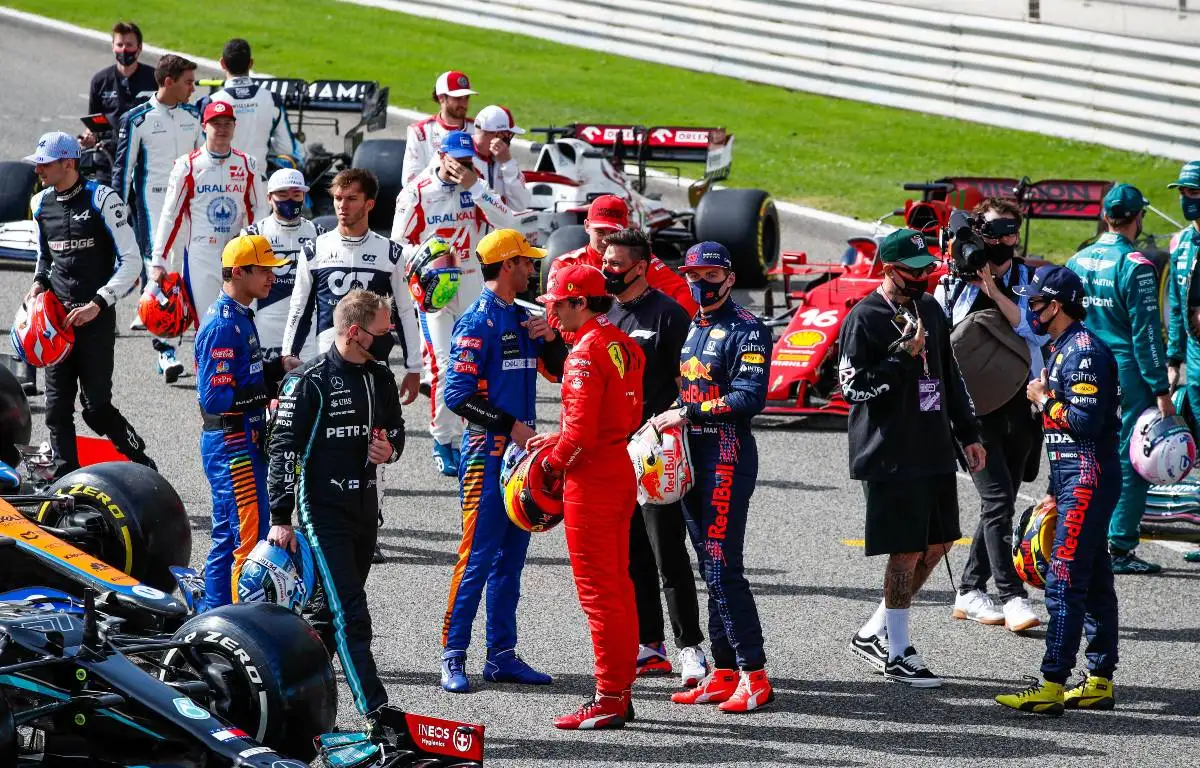 Formula 1 drivers on the grid for a photoshoot before 2021 pre-season testing