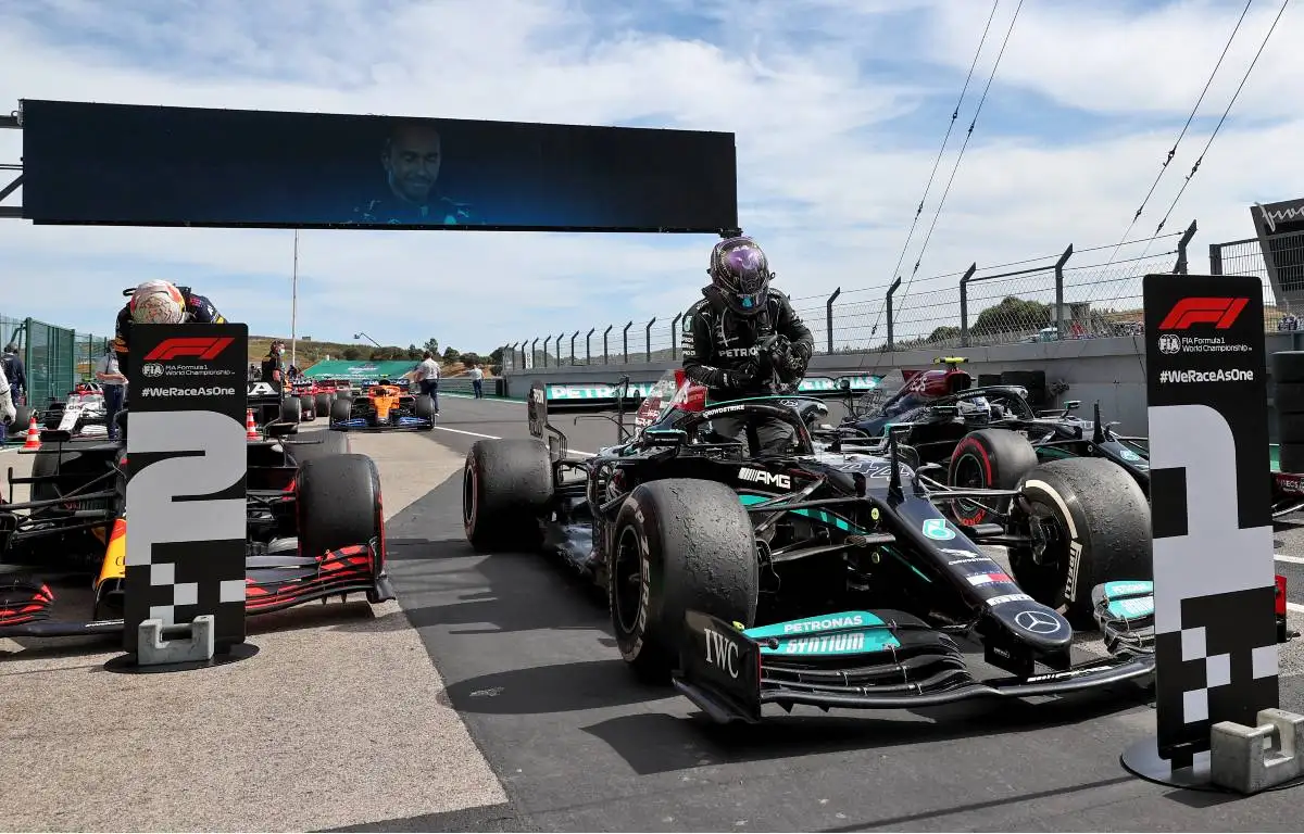 2021 Portuguese Grand Prix parc ferme, Lewis Hamilton and Max Verstappen