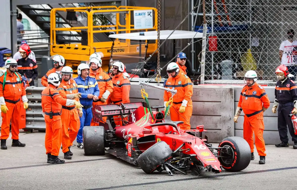 Charles Leclerc's stricken Ferrari after Monaco Grand Prix qualifying crash