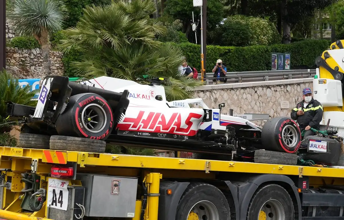 Mick Schumacher's Haas after his crash in FP3 for the Monaco Grand Prix