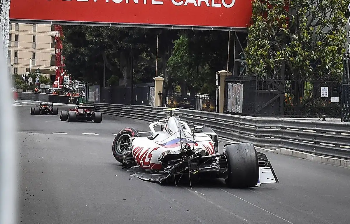 Mick Schumacher's Haas after a crash during FP3 at the 2021 Monaco Grand Prix