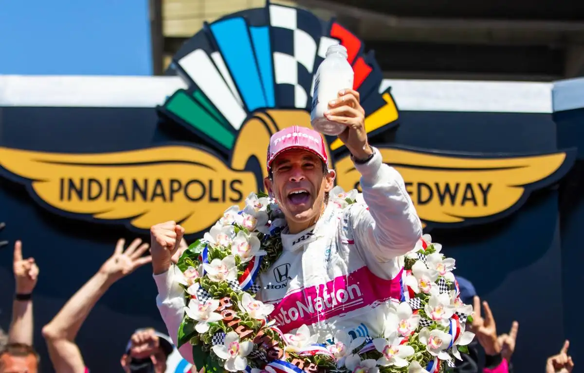 Helio Castroneves celebrates after winning the 2021 Indy500