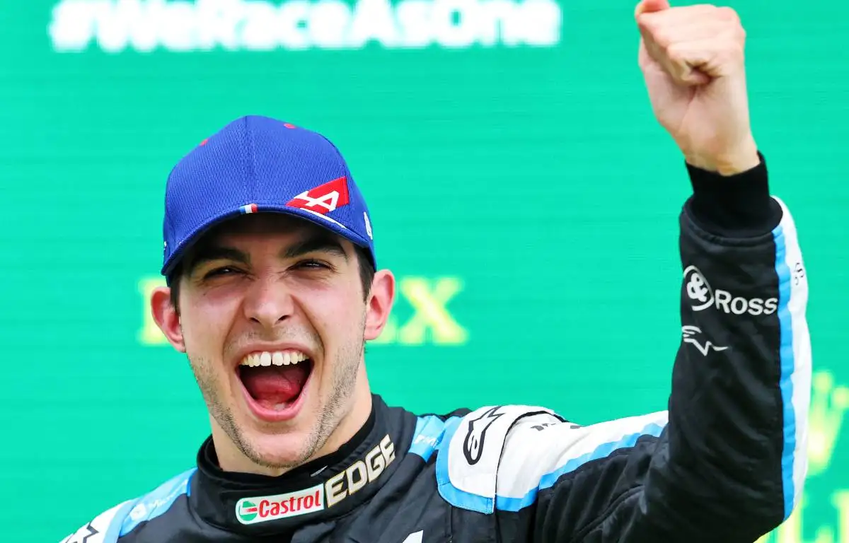 Esteban Ocon celebrates winning the 2021 Hungarian Grand Prix