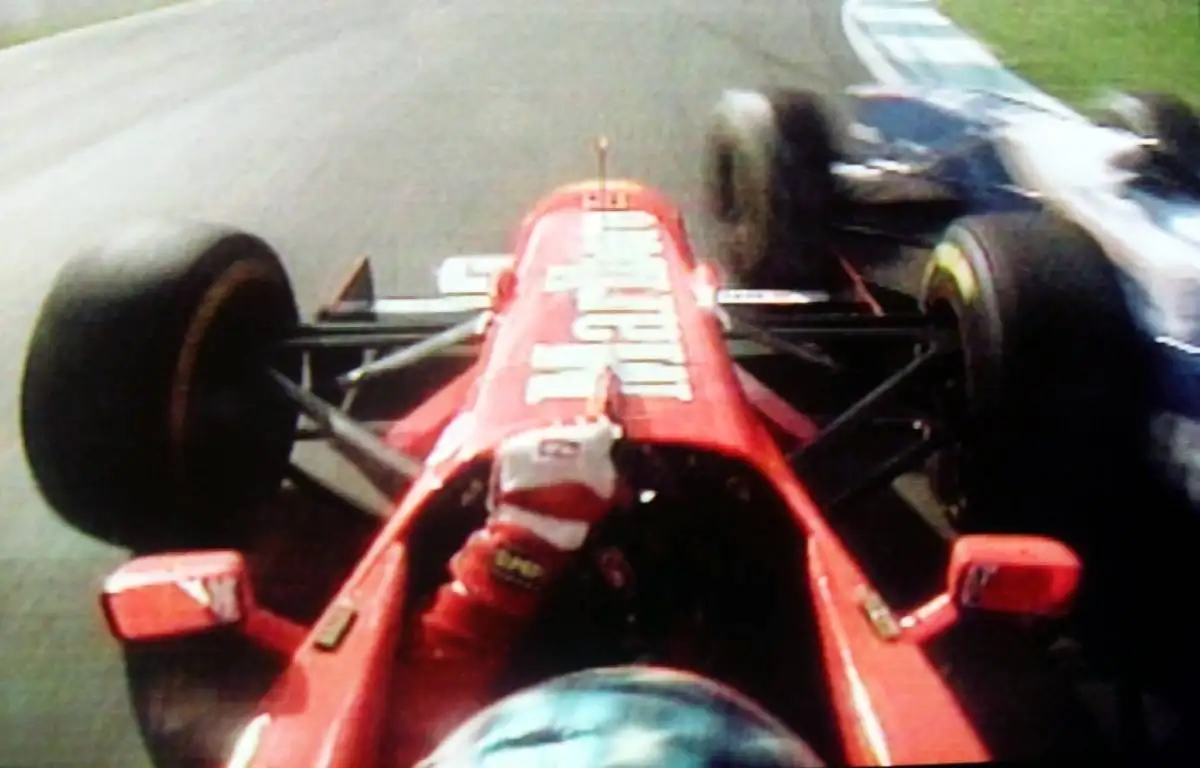 Michael Schumacher turns in on Jacques Villeneuve in the European Grand Prix. Jerez 1997.