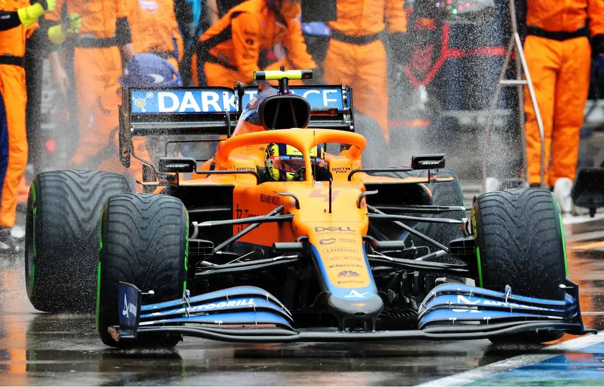 Lando Norris, McLaren, exits the pits. Hungary, August 2021.