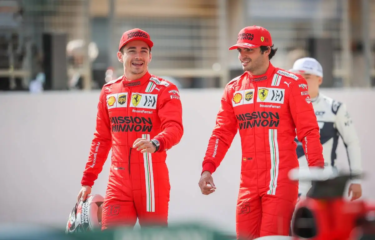 Charles Leclerc and Carlos Sainz share a joke. Bahrain March 2021.