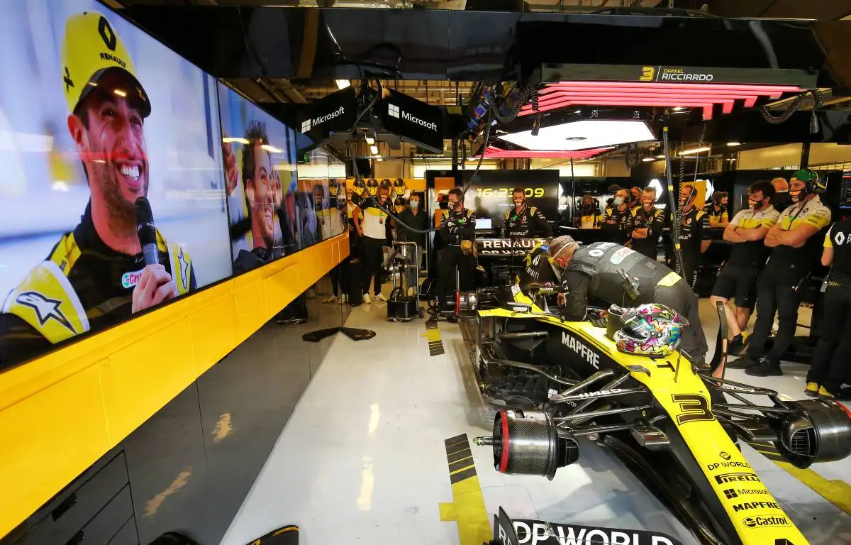Daniel Ricciardo's Renault car in the garage. Abu Dhabi, December 2020.
