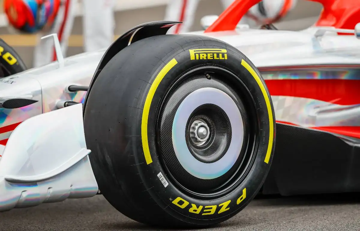 Front wheel of the prototype 2022 F1 car. Silverstone July 2021.