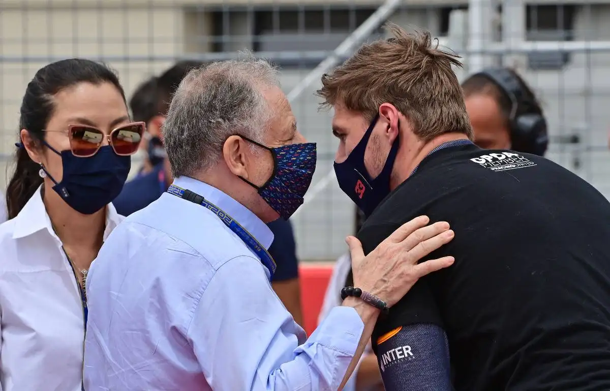 Jean Todt talks to Max Verstappen at the French Grand Prix. Paul Ricard June 2021.