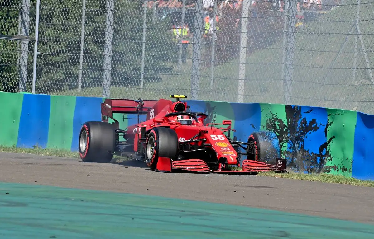 Carlos Sainz's Ferrari against the wall during Hungarian GP qualifying. Hungaroring July 2021.