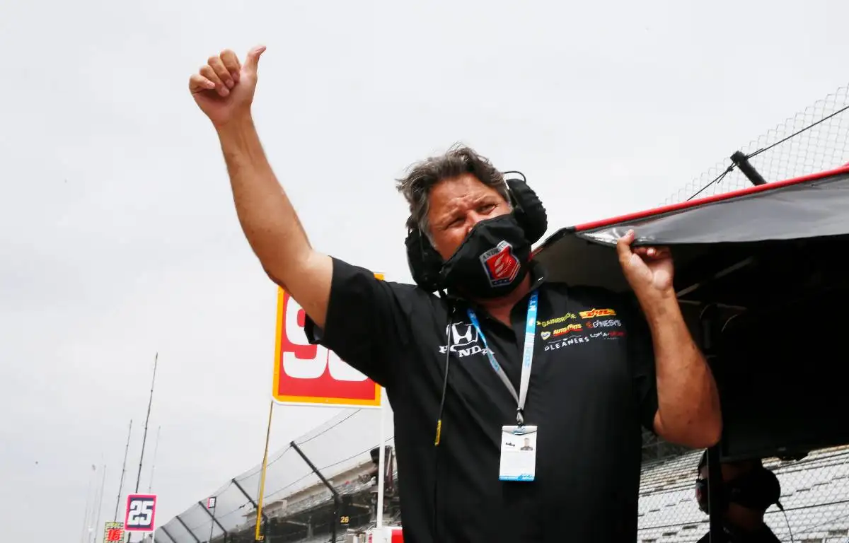 Michael Andretti gives thumbs-up during Indy500 practice. Indianapolis May 2021.
