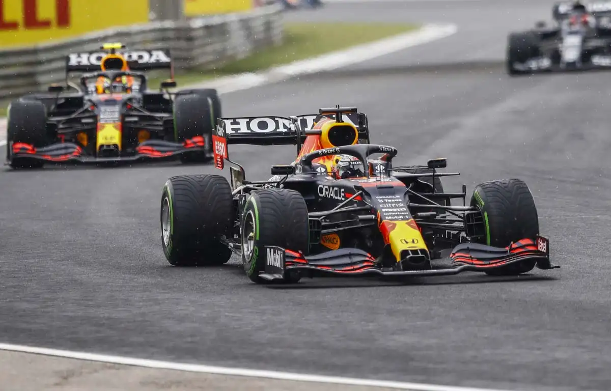 Max Verstappen leads Sergio Perez in Hungary. August 2021.