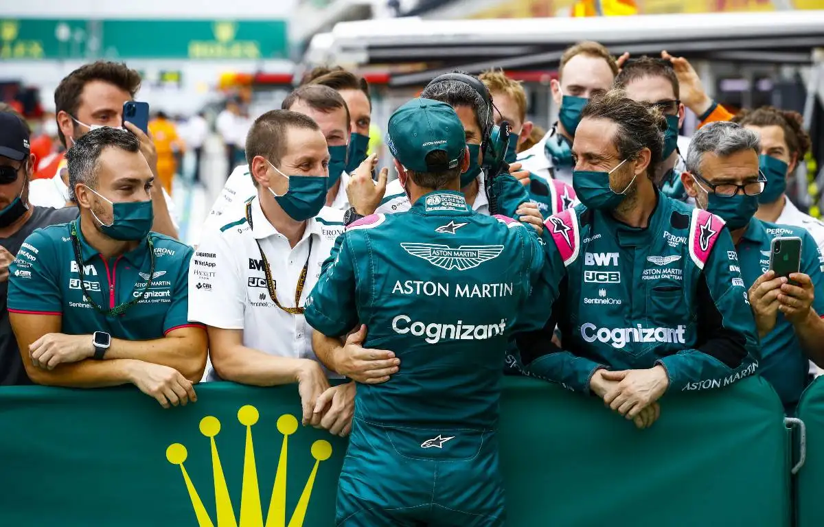 Sebastian Vettel and Aston Martin celebrate after the Hungarian Grand Prix. August, 2021.