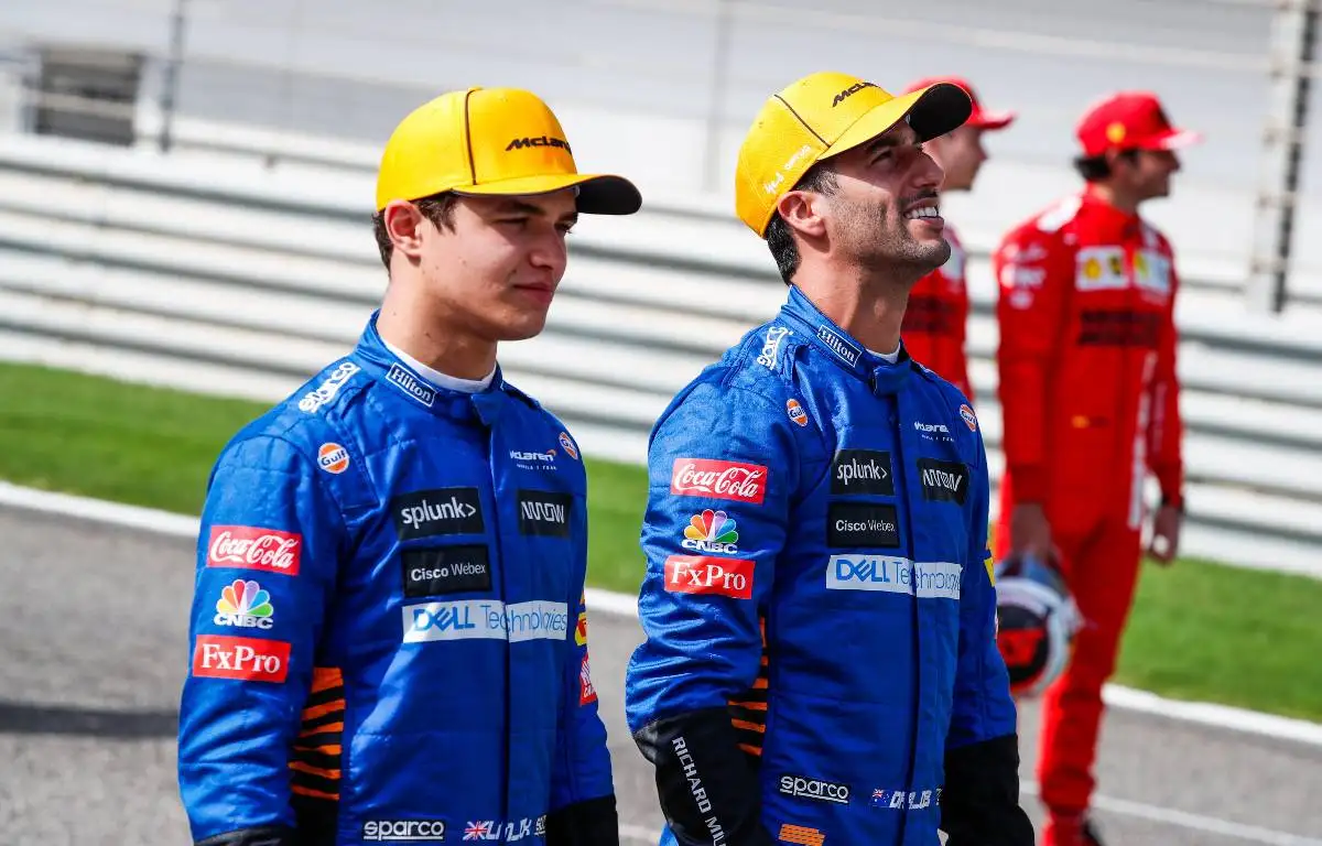 Lando Norris and Daniel Ricciardo during the photoshoot at pre-season testing. Bahrain March 2021.