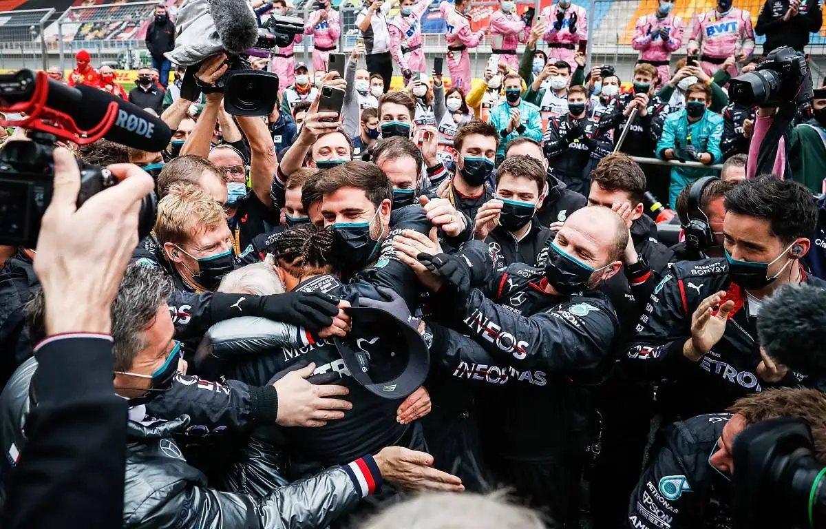 Lewis Hamilton and the Mercedes crew celebrate at the Turkish Grand Prix. November, 2020.