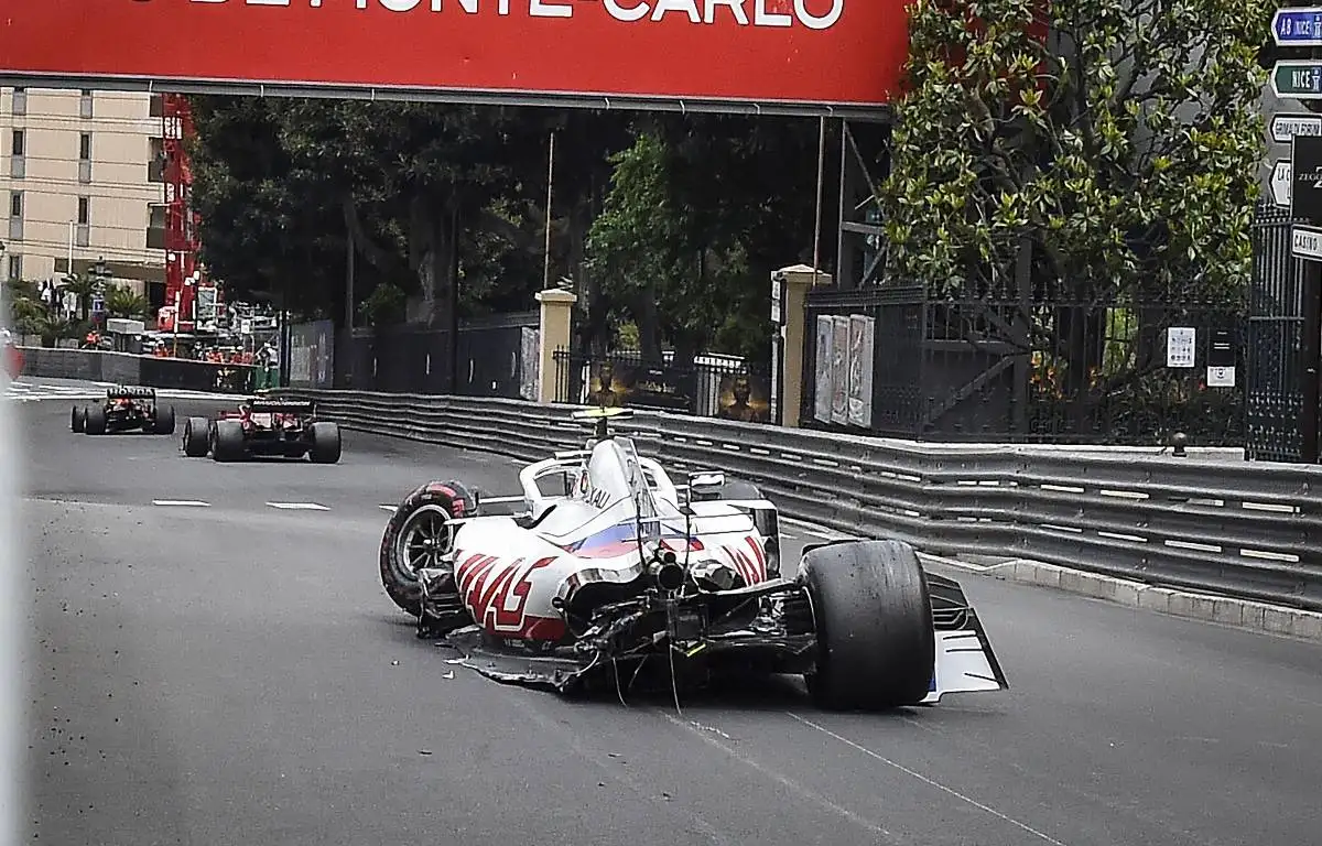 Mick Schumacher's Haas after a crash in FP3 for the Monaco GP. Monte Carlo May 2021.