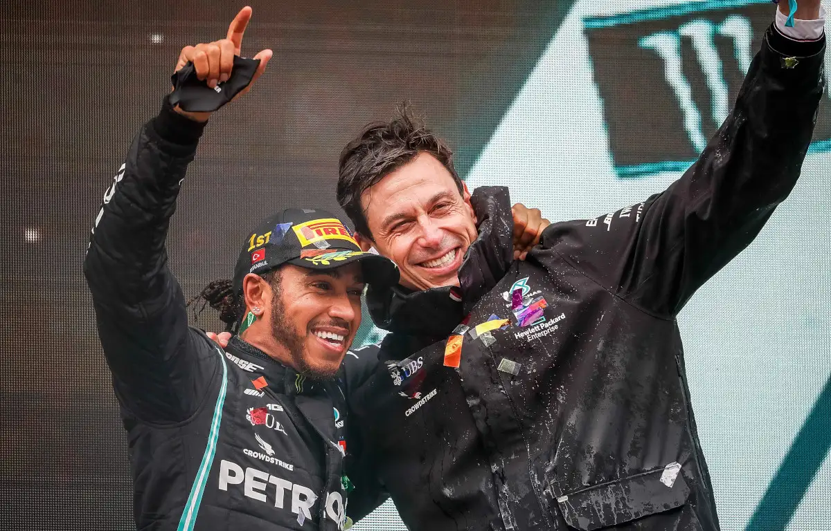 Lewis Hamilton and Toto Wolff celebrate his Turkish Grand Prix win. Turkey November 2020d Toto Wolff celebrate his Turkish Grand Prix win. Turkey November 2020