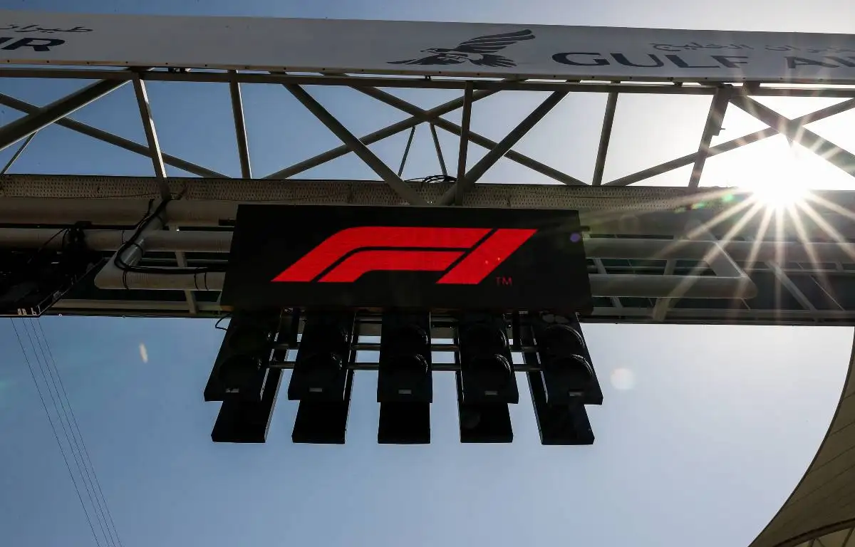 F1 logo displayed on a gantry at the Bahrain GP. Formula 1 Sakhir March 2019.