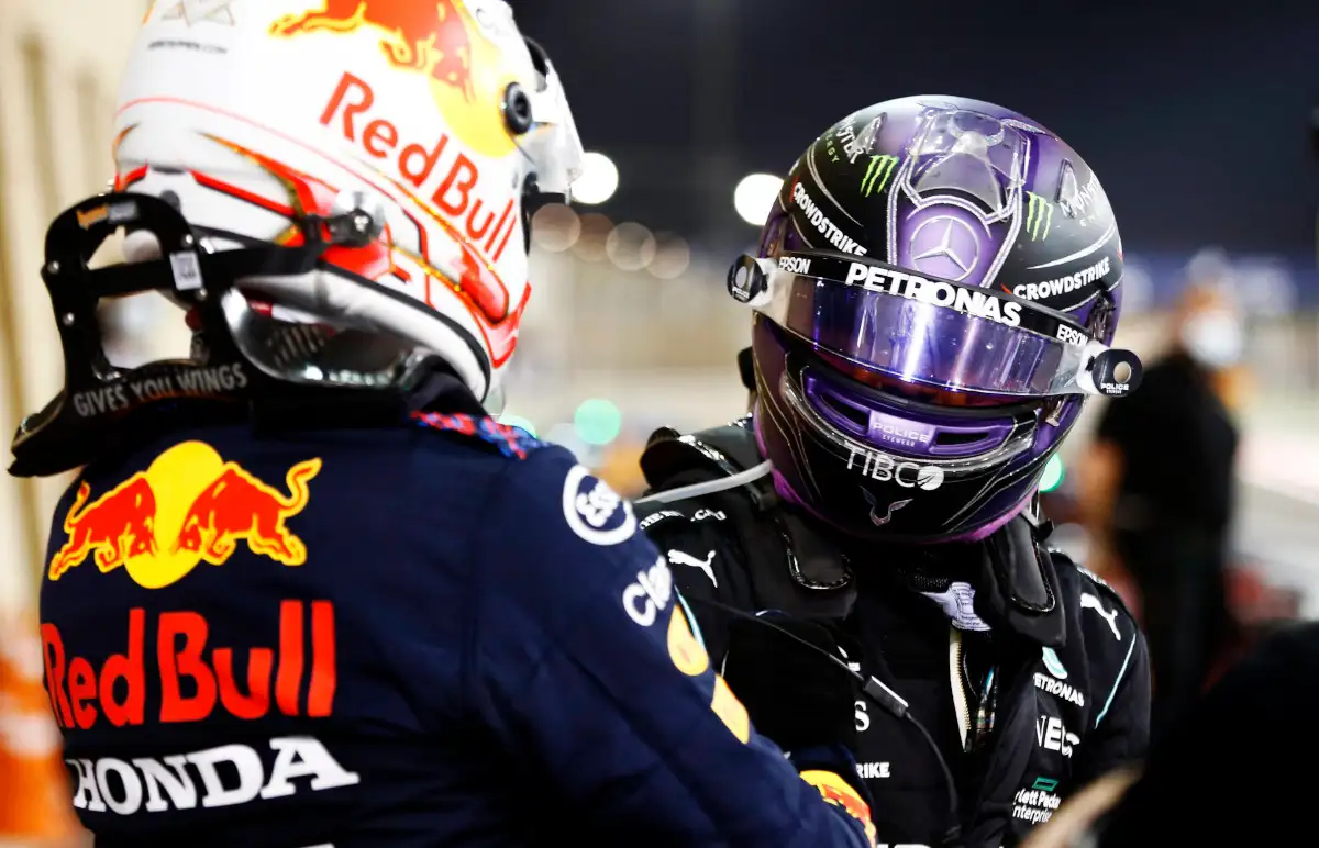 Max Verstappen and Lewis Hamilton parc ferme. Bahrain March 2021