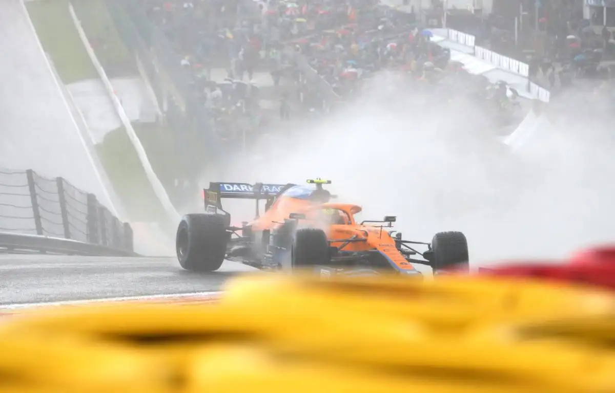 Lando Norris' McLaren crashes in Q3 for the Belgian GP. Spa-Francorchamps August 2021.