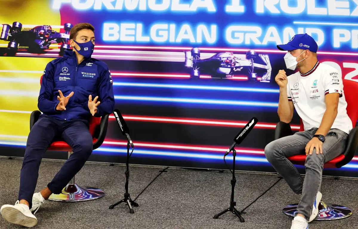 George Russell and Valtteri Bottas at their Belgian GP press conference. Spa-Francorchamps August 2021.