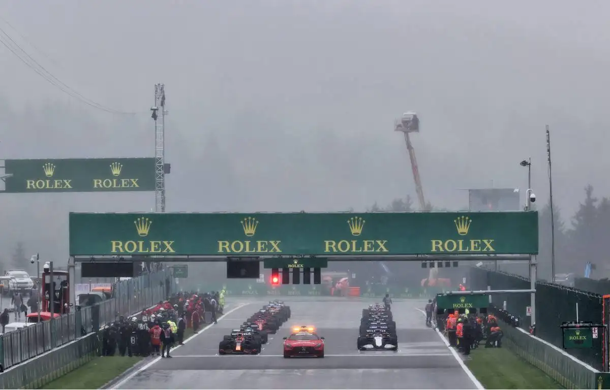 Cars line up for the delayed start of the Belgian GP. Spa-Francorchamps August 2021.