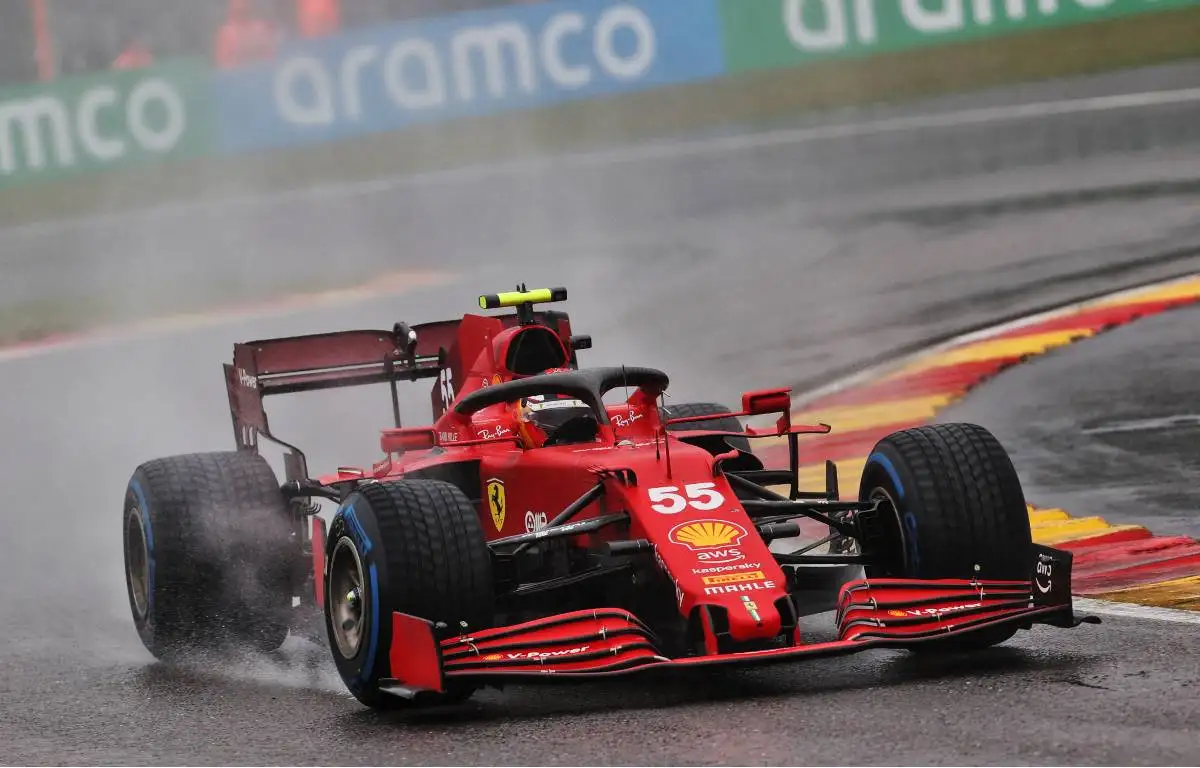 Carlos Sainz [Ferrari] in action at a wet Belgium. August 2021.