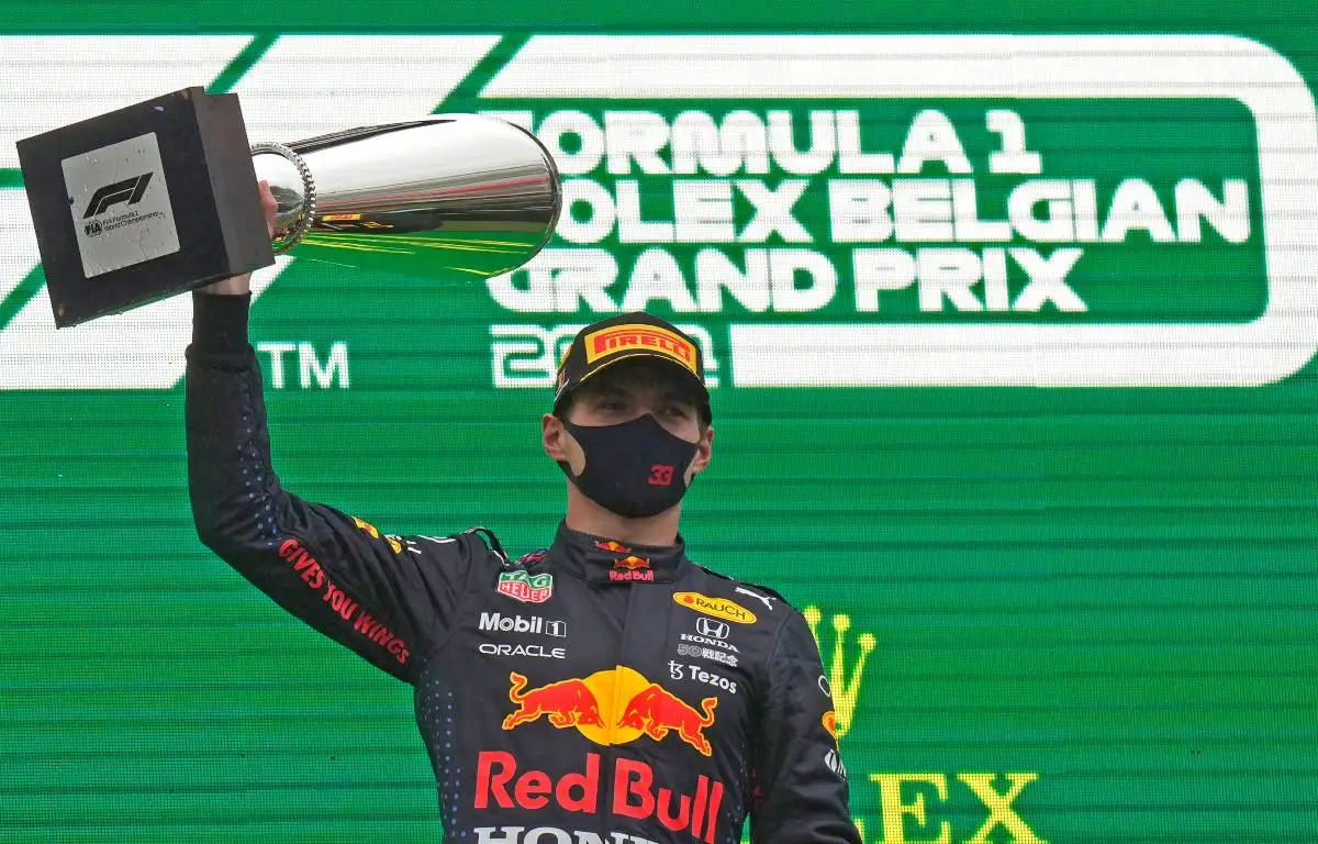 Max Verstappen with the trophy after winning the Belgian GP.. Spa-Francorchamps August 2021.