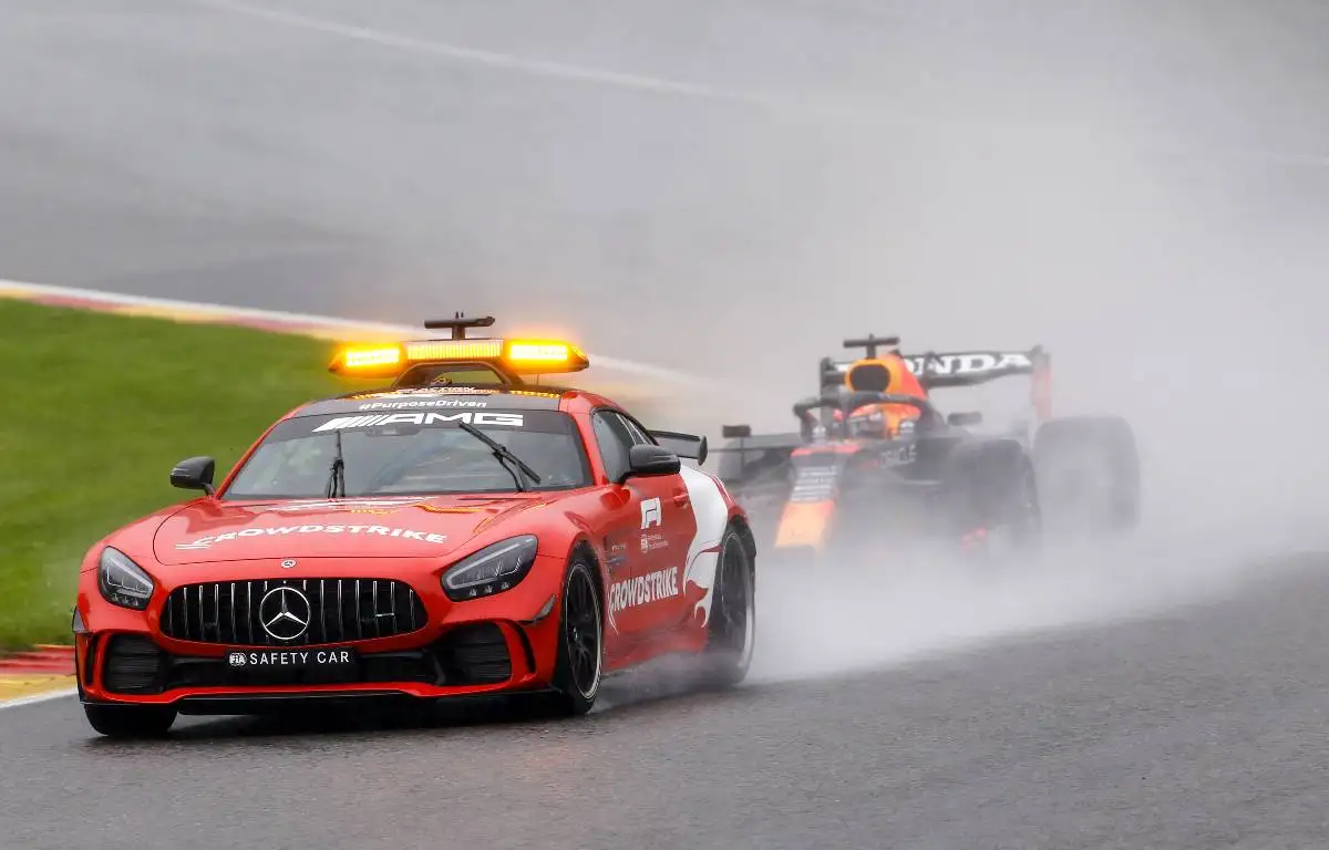 Max Verstappen leads the Belgian GP behind the Safety Car. August 2021.