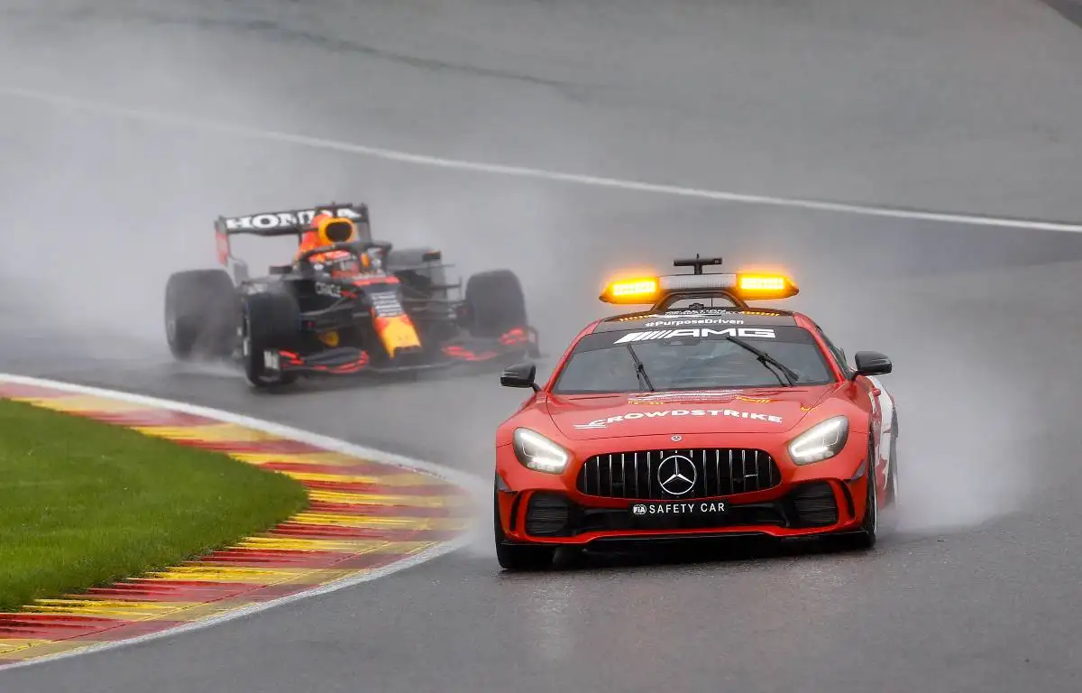 Max Verstappen's Red Bull behind the safety car in the Belgian GP. Spa-Francorchamps August 2021.