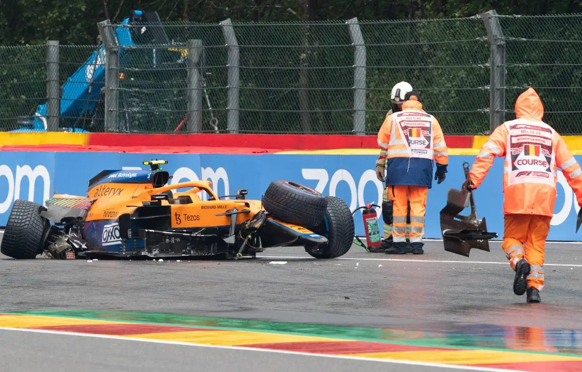Lando Norris' crashed McLaren in qualifying for the Belgian GP. Spa-Francorchamps August 2021.