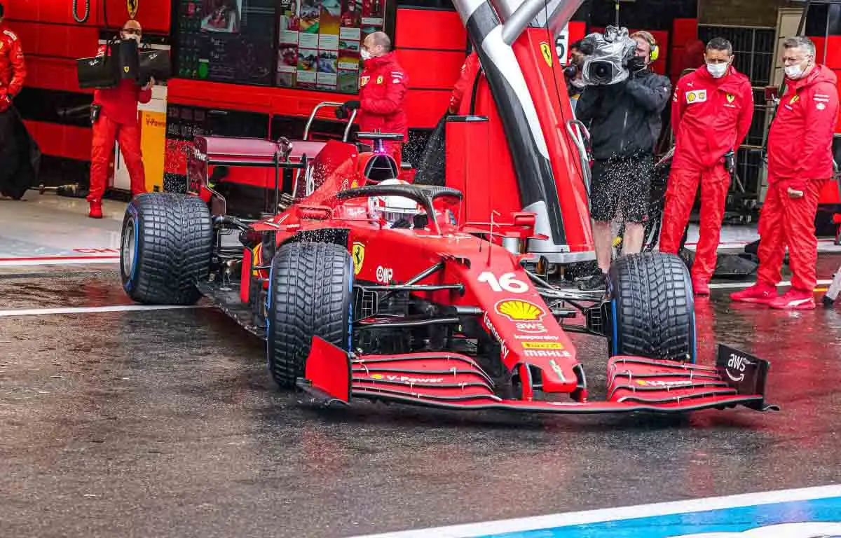 Charles Leclerc leaves his garage at a wet Spa.