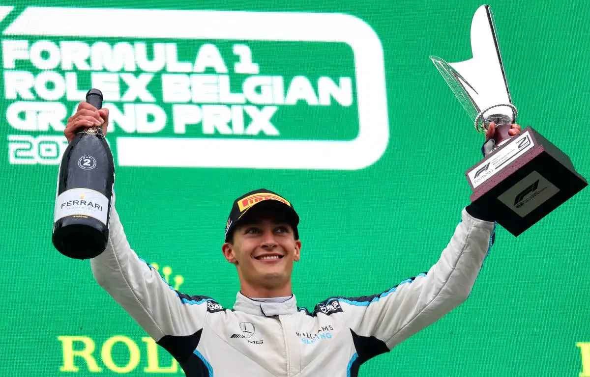 George Russell on the podium after finishing second in the Belgian GP. Spa-Francorchamps August 2021.