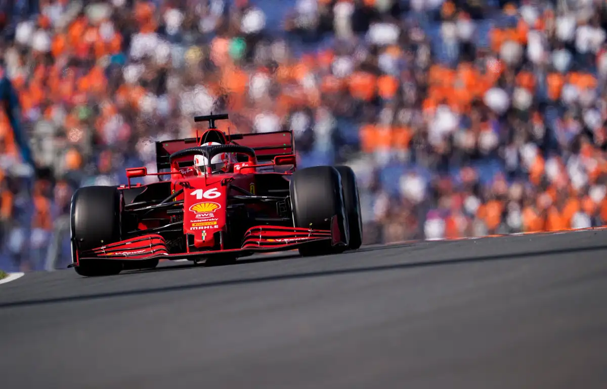 Charles Leclerc, Ferrari, with the backdrop of the Dutch fans. September, 2021.