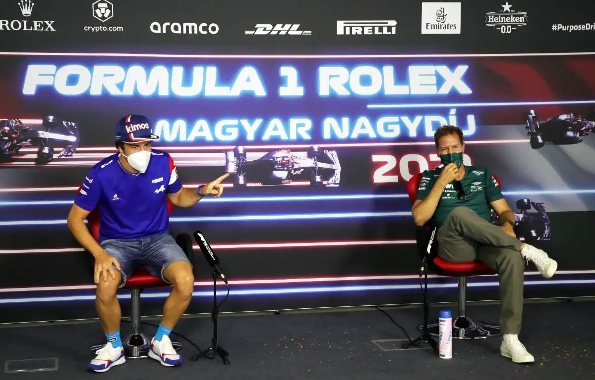 Fernando Alonso and Sebastian Vettel in their press conference for the Hungarian GP. Hungaroring August 2021.