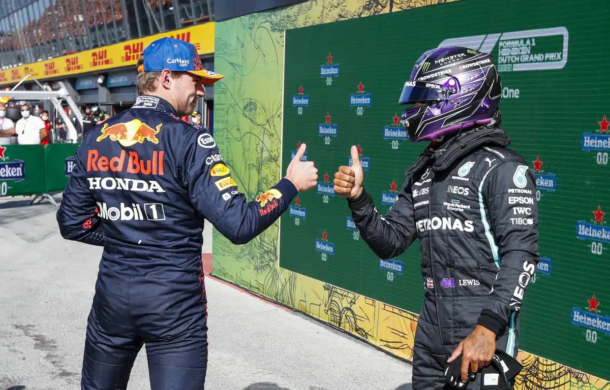 Max Verstappen and Lewis Hamilton thumbs up after Dutch GP qualifying. Zandvoort September 2021.