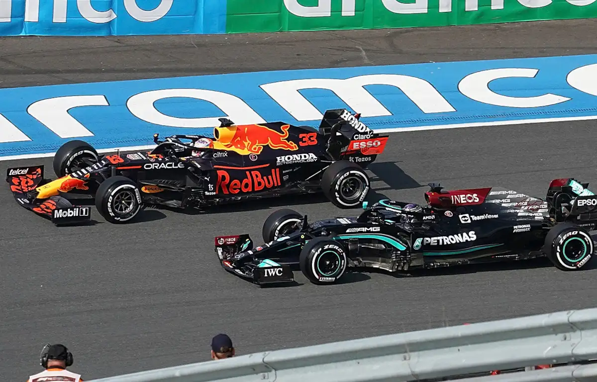 Red Bull driver Max Verstappen side by side with Mercedes driver Lewis Hamilton. Netherlands September 2021