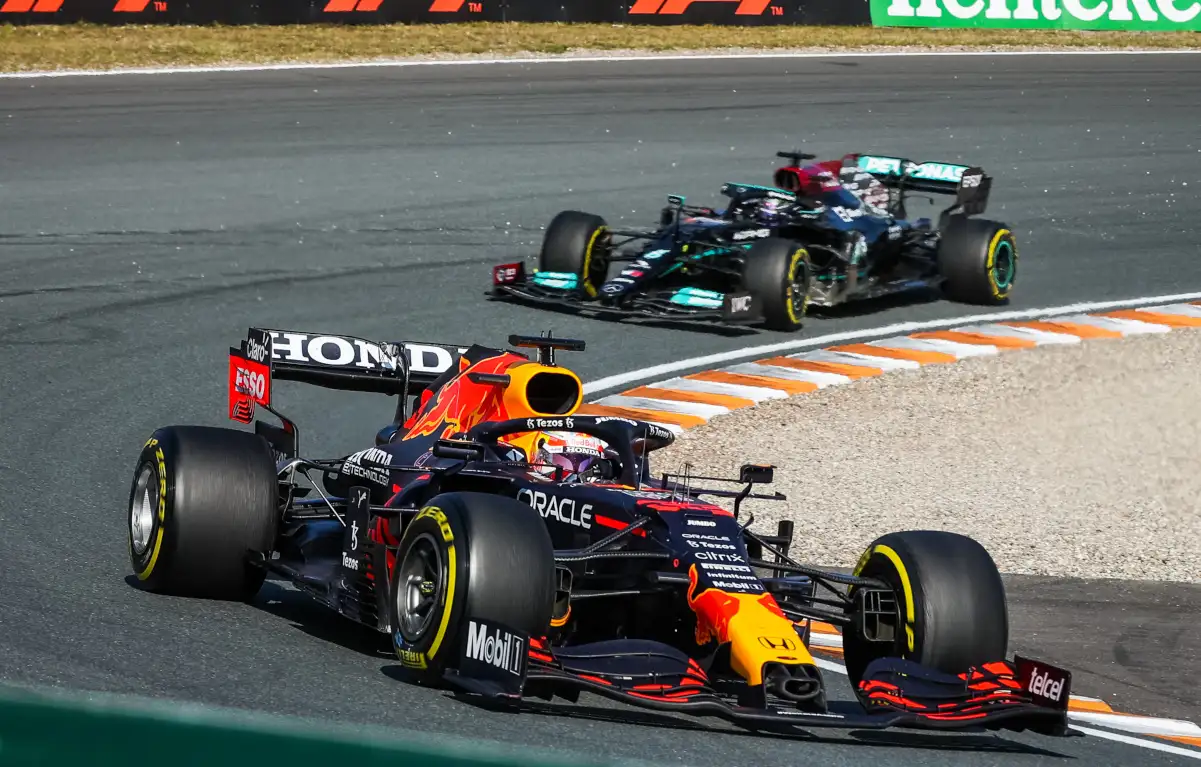 Max Verstappen leads Lewis Hamilton. Netherlands September 2021.