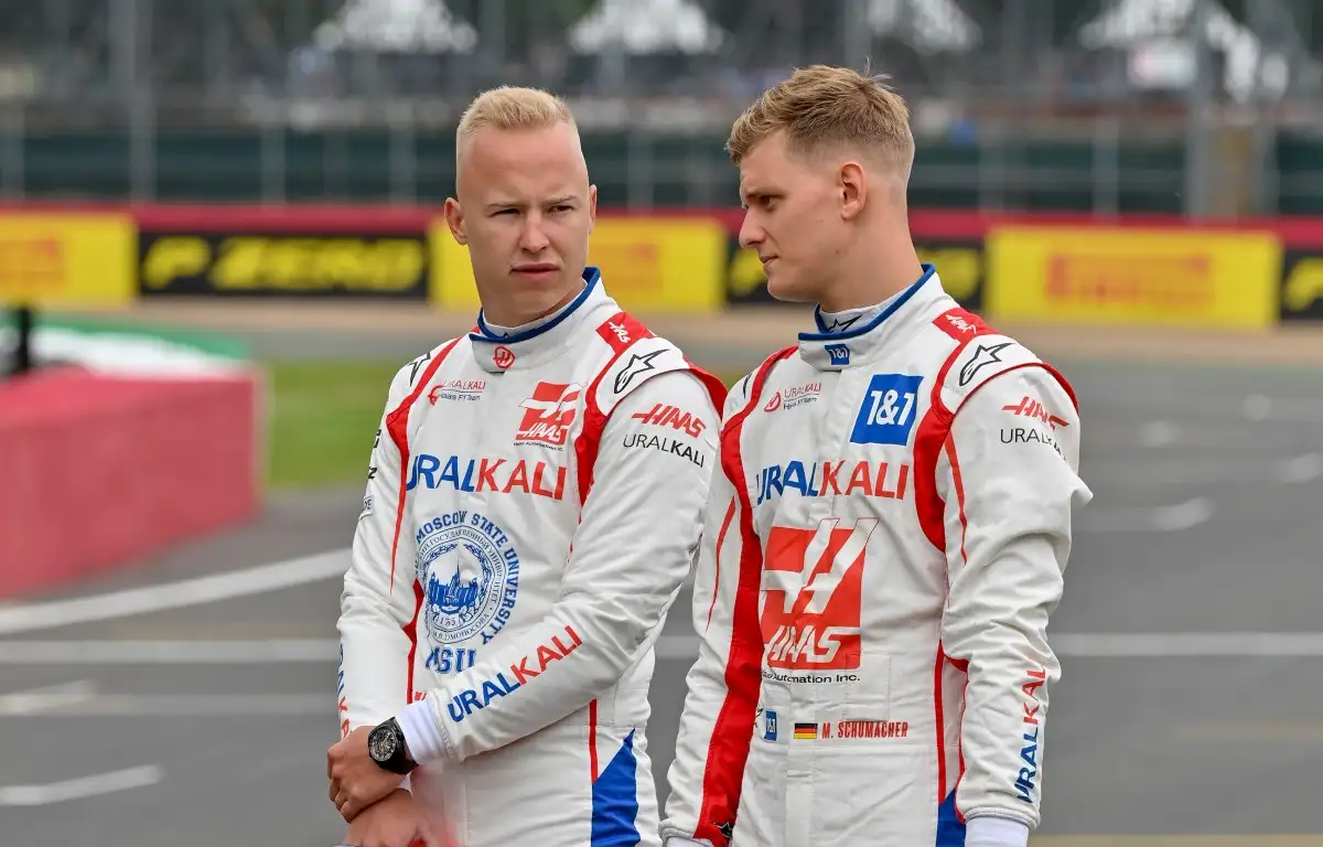 Nikita Mazepin and Mick Schumacher in conversation. Silverstone July 2021