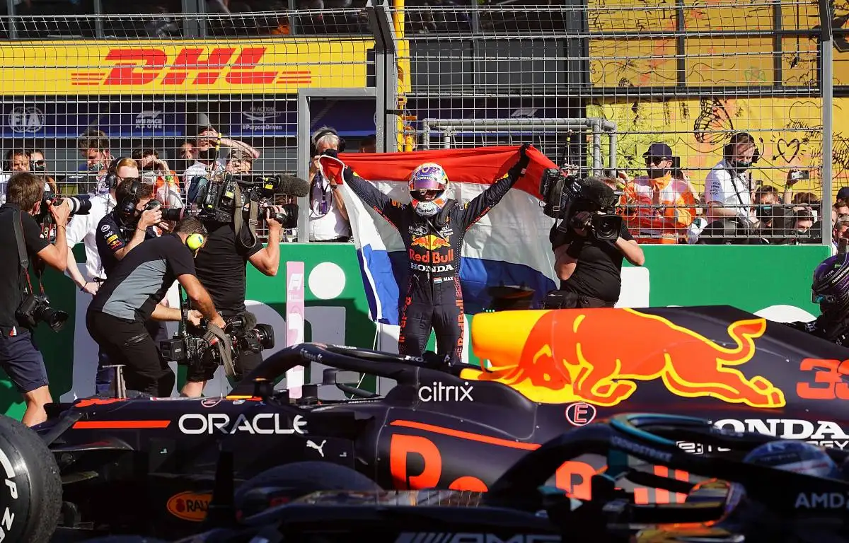 Max Verstappen celebrates his Dutch GP win. Zandvoort September 2021.