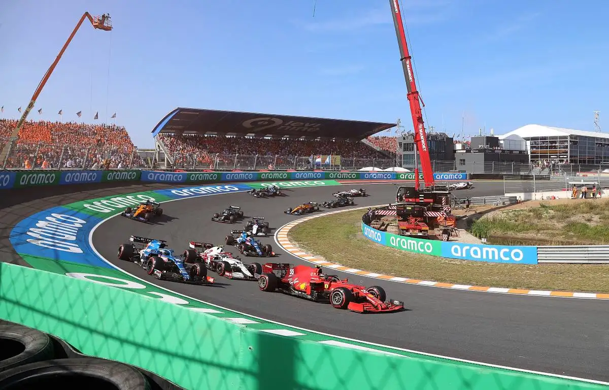 Cars take a banked turn during the Dutch Grand Prix. Zandvoort September 2021.