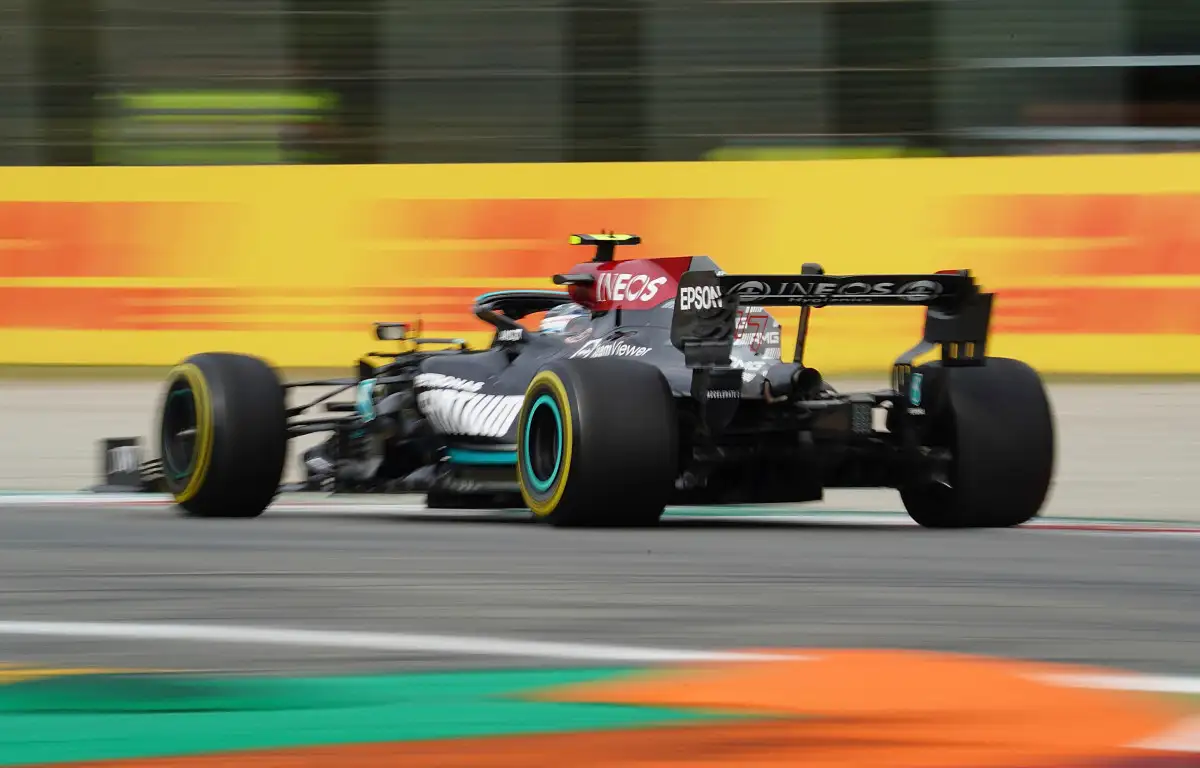 Rear-view shot of Mercedes' Valtteri Bottas at Italian GP. September 2021.