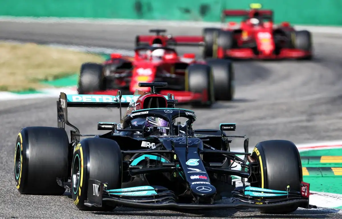Lewis Hamilton ahead of the Ferraris during sprint qualifying for the Italian GP. Monza September 2021.