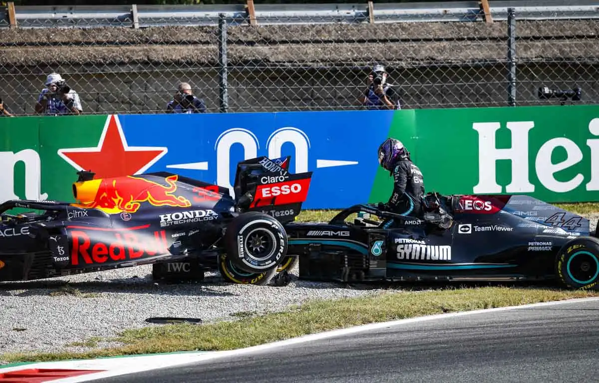 Max Verstappen and Lewis Hamilton crash at Monza. September 2021.