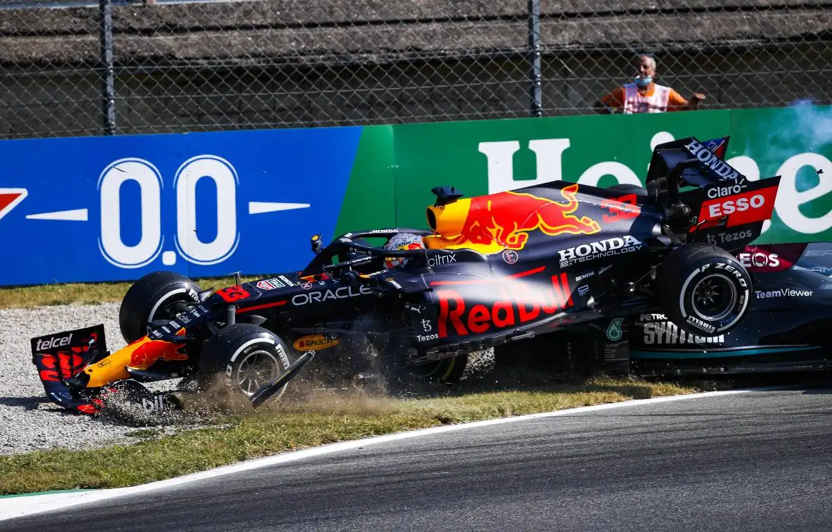Max Verstappen, Red Bull, and Lewis Hamilton, Mercedes, crash in Italy. September 2021.