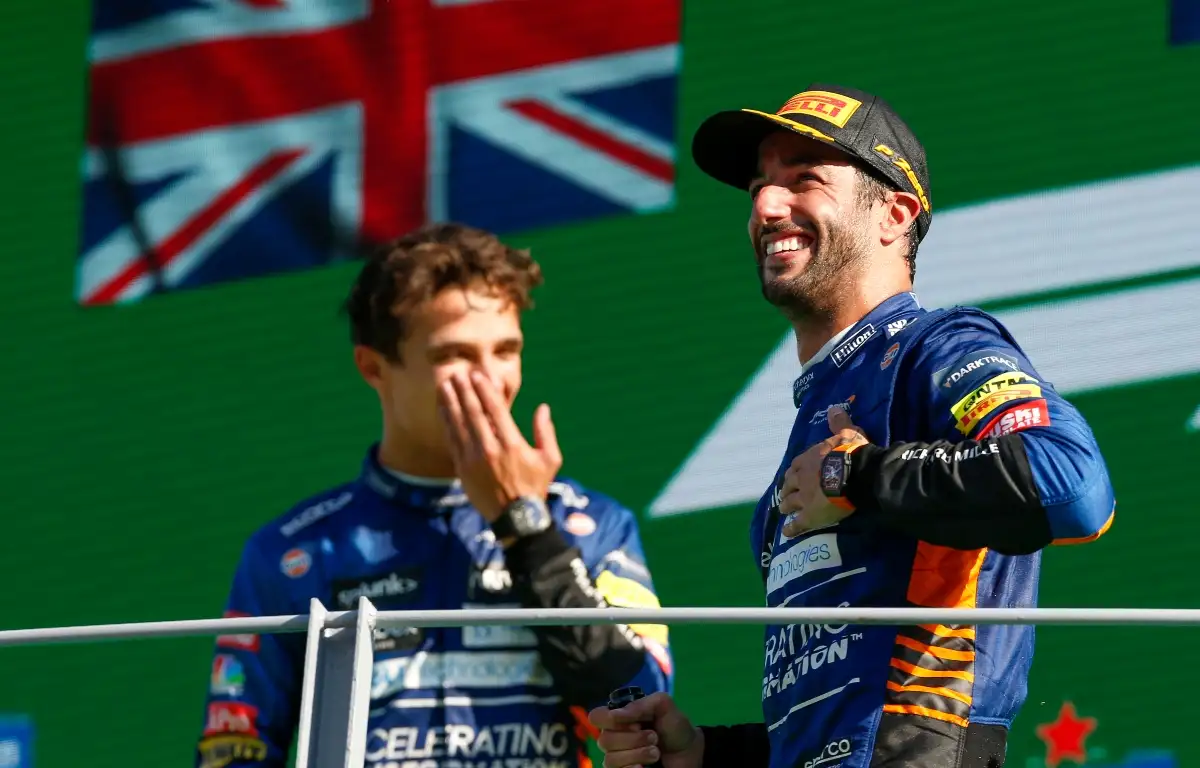 Daniel Ricciardo and Lando Norris celebrate on the podium. Italy September 2021